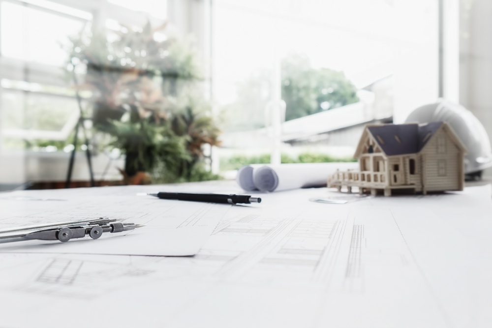 Image of engineering objects on workplace top view.Construction